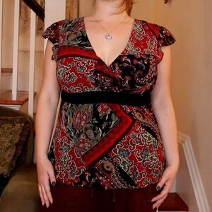 Paisley Red Black Velvet Waist Sz 12 Bandolino Short Sleeve Whimsigoth Fairy Y2K